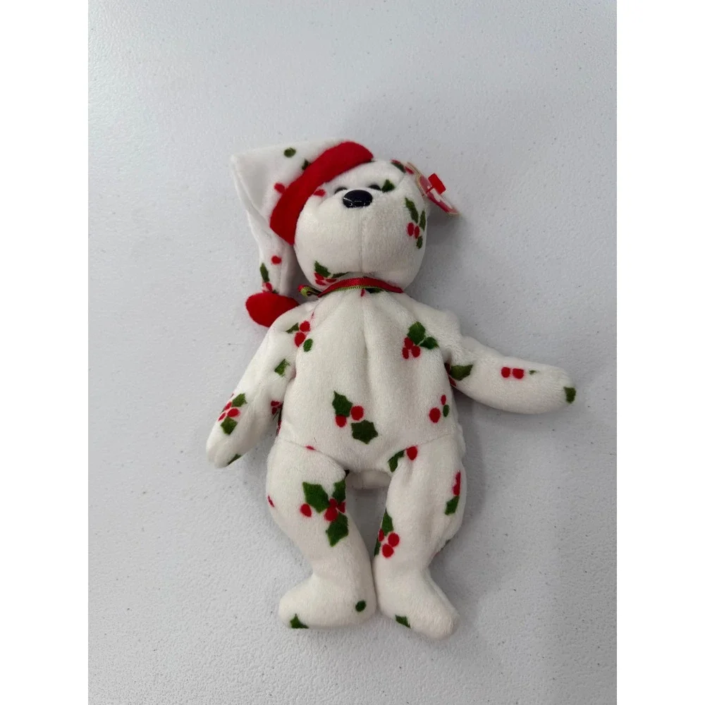 Ty Beanie Baby 1998 Holiday Teddy White Holly Berry Christmas Bear Plush 8.5 in